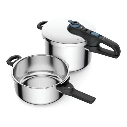 Комплект от 2 тенджери под налягане Tefal Secure Trendy P2584301, 4 л и 6 л, Индукция, 2 програми за готвене, 5 точки за безопасност, Неръждаема стомана, Сребрист