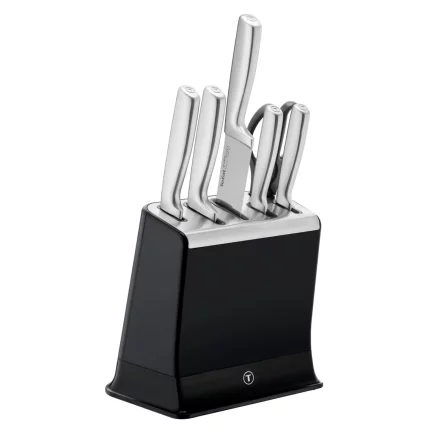 Set de 6 piese si suport Tefal Eversharp Pro K2977S44, Inox german, Sistem de ascutire integrat, Negru/Argintiu