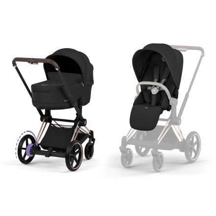 Carucior 2 in 1 pentru copii Cybex E-Priam Comfort, electric, premium, Sepia Black cu cadru Rosegold