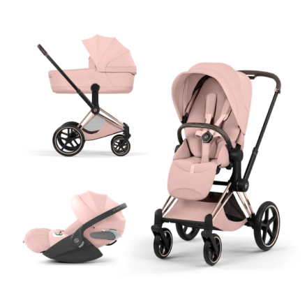 Carucior 3 in 1 pentru copii Cybex Priam Style, cu landou si scoica Cloud T Plus, Peach Pink cu cadru Rosegold