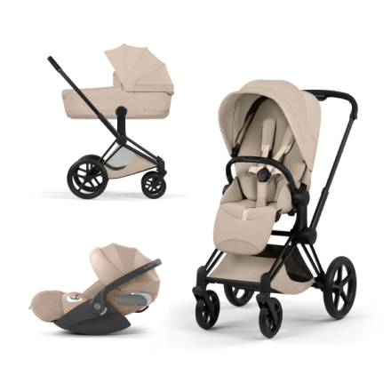 Carucior 3 in 1 pentru copii Cybex Priam Style, cu landou si scoica Cloud T Plus, Cozy Beige cu cadru Matt Black
