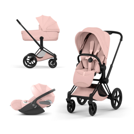 Carucior 3 in 1 pentru copii Cybex Priam Style, cu landou si scoica Cloud T Plus, Peach Pink cu cadru Matt Black