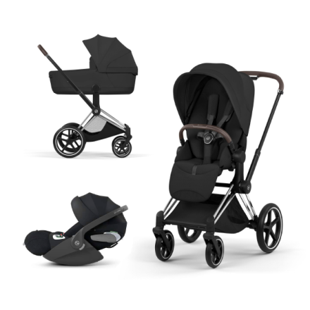 Carucior 3 in 1 pentru copii Cybex Priam Style, cu landou si scoica Cloud T Plus, Sepia Black cu cadru Chrome