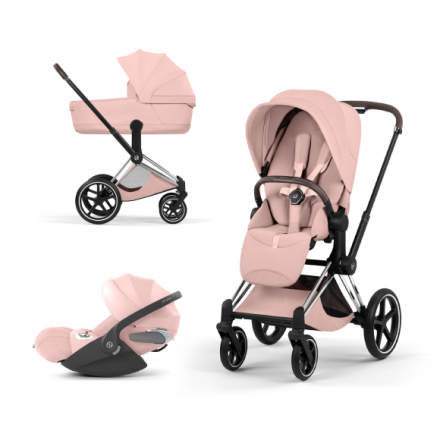 Carucior 3 in 1 pentru copii Cybex Priam Style, cu landou si scoica Cloud T Plus, Peach Pink cu cadru Chrome