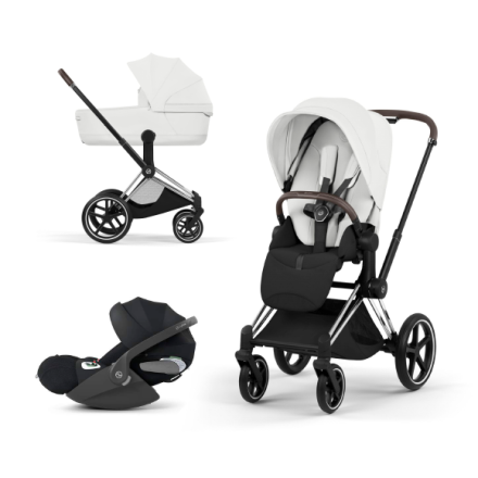 Carucior 3 in 1 pentru copii Cybex Priam Style, cu landou si scoica Cloud T Plus, Off White cu cadru Chrome