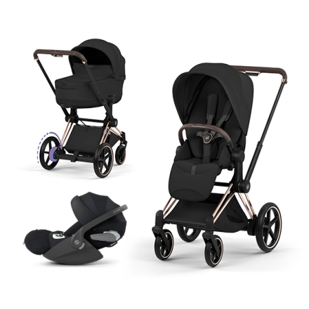 Carucior 3 in 1 pentru copii Cybex E-Priam Style, cu landou si scoica Cloud T Plus, Sepia Black cu cadru Rosegold