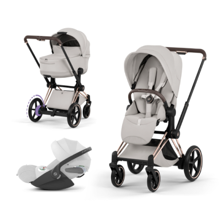 Carucior 3 in 1 pentru copii Cybex E-Priam Style, cu landou si scoica Cloud T Plus, City Grey cu cadru Rosegold