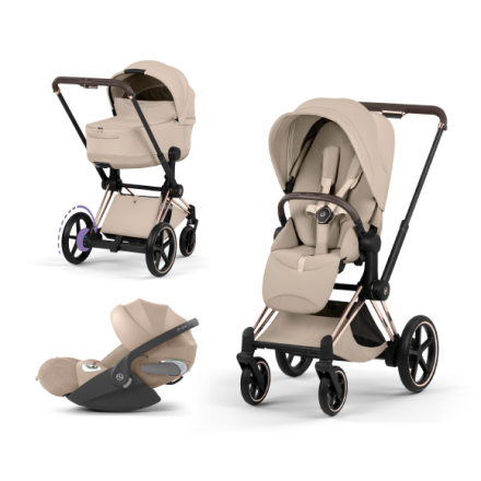 Carucior 3 in 1 pentru copii Cybex E-Priam Style, cu landou si scoica Cloud T Plus, Cozy Beige cu cadru Rosegold