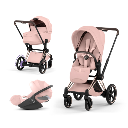 Carucior 3 in 1 pentru copii Cybex E-Priam Style, cu landou si scoica Cloud T Plus, Peach Pink cu cadru Rosegold