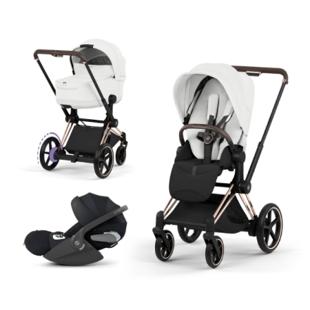 Carucior 3 in 1 pentru copii Cybex E-Priam Style, cu landou si scoica Cloud T Plus, Off White cu cadru Rosegold