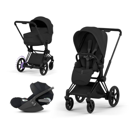 Carucior 3 in 1 pentru copii Cybex E-Priam Style, cu landou si scoica Cloud T Plus, Sepia Black cu cadru Matt Black