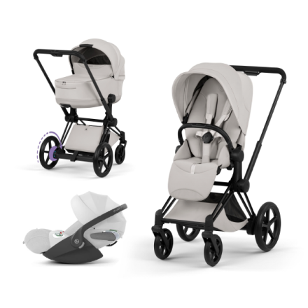 Carucior 3 in 1 pentru copii Cybex E-Priam Style, cu landou si scoica Cloud T Plus, City Grey cu cadru Matt Black