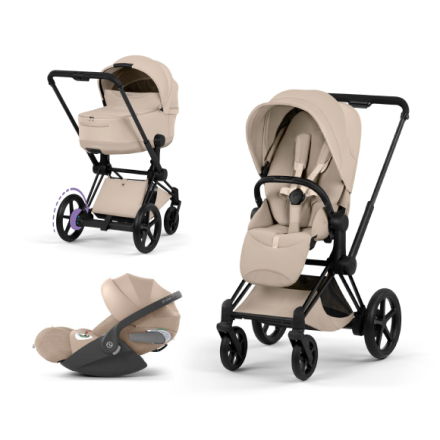 Carucior 3 in 1 pentru copii Cybex E-Priam Style, cu landou si scoica Cloud T Plus, Cozy Beige cu cadru Matt Black