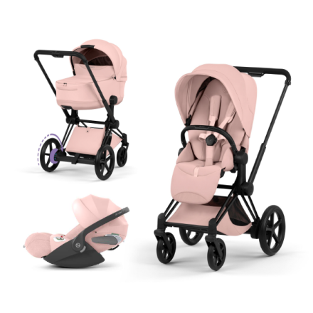 Carucior 3 in 1 pentru copii Cybex E-Priam Style, cu landou si scoica Cloud T Plus, Peach Pink cu cadru Matt Black