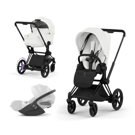 Carucior 3 in 1 pentru copii Cybex E-Priam Style, cu landou si scoica Cloud T Plus, Off White cu cadru Matt Black