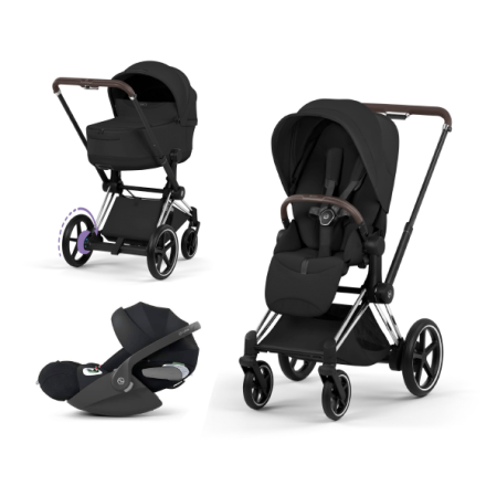 Carucior 3 in 1 pentru copii Cybex E-Priam Style, cu landou si scoica Cloud T Plus, Sepia Black cu cadru Chrome