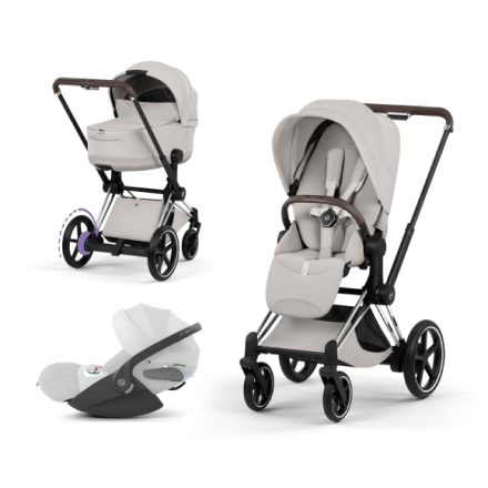 Carucior 3 in 1 pentru copii Cybex E-Priam Style, cu landou si scoica Cloud T Plus, City Grey cu cadru Chrome