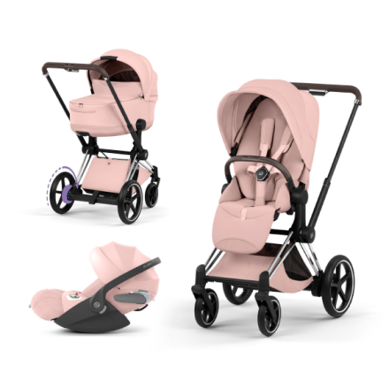 Carucior 3 in 1 pentru copii Cybex E-Priam Style, cu landou si scoica Cloud T Plus, Peach Pink cu cadru Chrome
