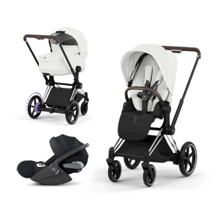 Carucior 3 in 1 pentru copii Cybex E-Priam Style, cu landou si scoica Cloud T Plus, Off White cu cadru Chrome