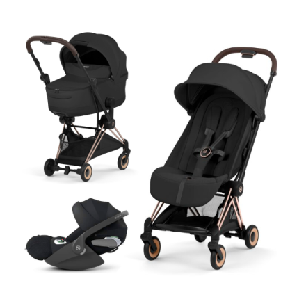 Carucior 3 in 1 pentru copii Cybex Coya Style, premium, Sepia Black cu cadru Rosegold