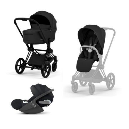 Carucior 3 in 1 pentru copii Cybex Priam Comfort, premium, cu scoica Cloud T Plus, Sepia Black cu cadru Matt Black