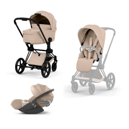Carucior 3 in 1 pentru copii Cybex Priam Comfort, premium, cu scoica Cloud T Plus, Cozy Beige cu cadru Matt Black