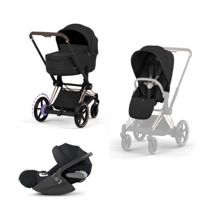 Carucior 3 in 1 pentru copii Cybex E-Priam Comfort, premium, cu scoica Cloud T Plus, Sepia Black cu cadru Rosegold