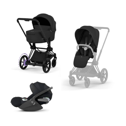 Carucior 3 in 1 pentru copii Cybex E-Priam Comfort, premium, cu scoica Cloud T Plus, Sepia Black cu cadru Matt Black
