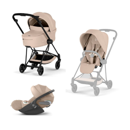 Carucior 3 in 1 pentru copii Cybex Mios Comfort, premium, cu scoica Cloud T Plus, Cozy Beige cu cadru Matt Black
