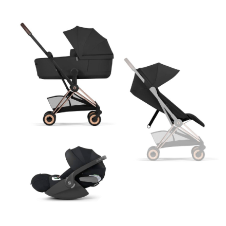 Carucior 3 in 1 pentru copii Cybex Coya Comfort, compact, premium, cu scoica Cloud T Plus, Sepia Black cu cadru Rosegold