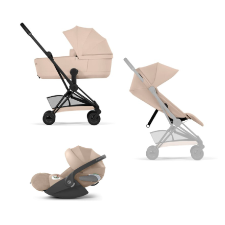 Carucior 3 in 1 pentru copii Cybex Coya Comfort, compact, premium, cu scoica Cloud T Plus, Cozy Beige cu cadru Matt Black