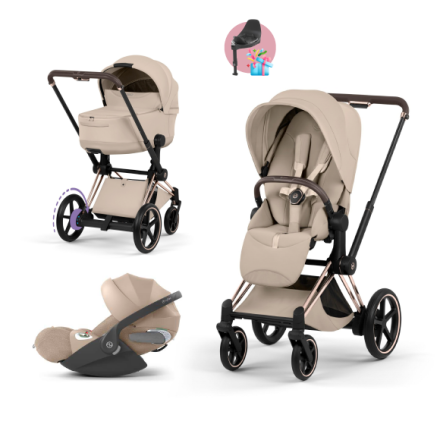 Carucior 3 in 1 pentru copii Cybex E-Priam Style, cu landou si scoica Cloud T Plus, Cozy Beige cu cadru Rosegold