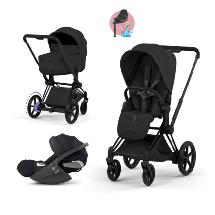Carucior 3 in 1 pentru copii Cybex E-Priam Style, cu landou si scoica Cloud T Plus, Sepia Black cu cadru Matt Black