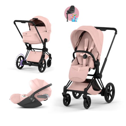 Carucior 3 in 1 pentru copii Cybex E-Priam Style, cu landou si scoica Cloud T Plus, Peach Pink cu cadru Matt Black