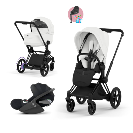 Carucior 3 in 1 pentru copii Cybex E-Priam Style, cu landou si scoica Cloud T Plus, Off White cu cadru Matt Black