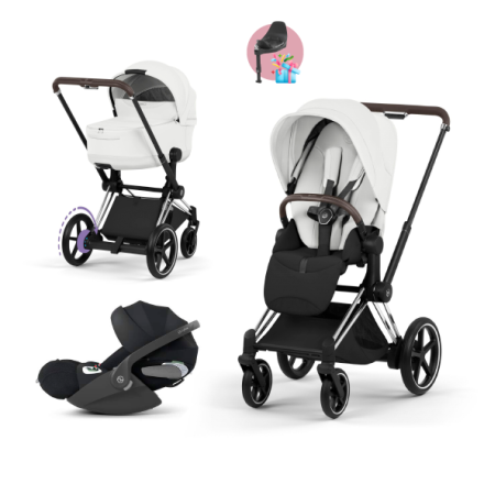 Carucior 3 in 1 pentru copii Cybex E-Priam Style, cu landou si scoica Cloud T Plus, Off White cu cadru Chrome