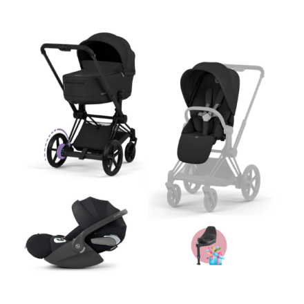 Carucior 3 in 1 pentru copii Cybex E-Priam Comfort, premium, cu scoica Cloud T Plus, Sepia Black cu cadru Matt Black