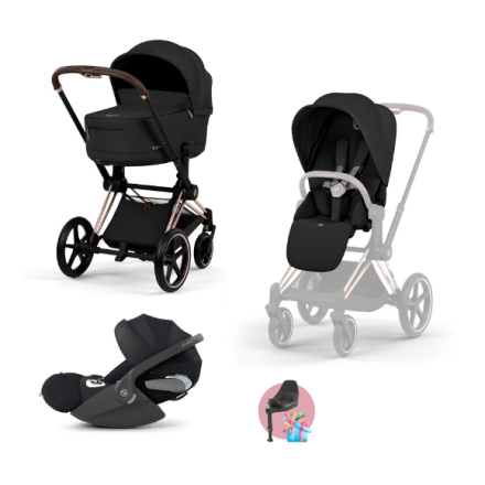 Carucior 3 in 1 pentru copii Cybex Priam Comfort, premium, cu scoica Cloud T Plus, Sepia Black cu cadru Rosegold