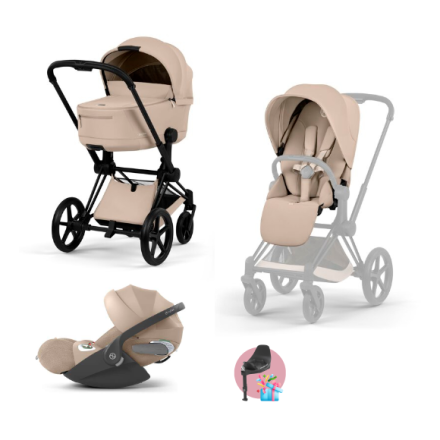 Carucior 3 in 1 pentru copii Cybex Priam Comfort, premium, cu scoica Cloud T Plus, Cozy Beige cu cadru Matt Black
