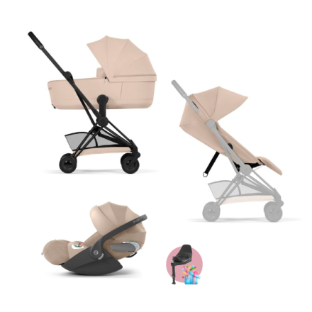 Carucior 3 in 1 pentru copii Cybex Coya Comfort, compact, premium, cu scoica Cloud T Plus, Cozy Beige cu cadru Matt Black