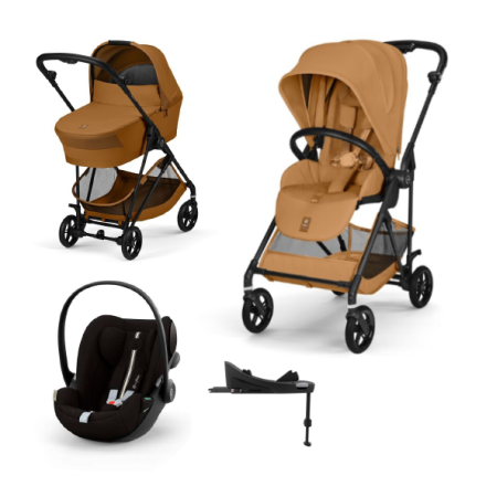 Carucior 4 in 1 Cybex Melio Carbon pentru copii, cu landou, scoica auto Cloud G si baza G, Cinnamon Yellow