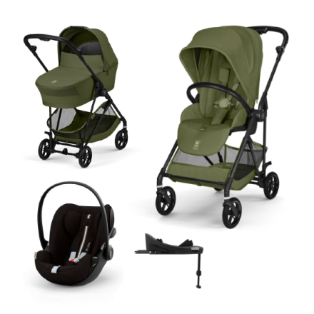 Carucior 4 in 1 Cybex Melio Carbon pentru copii, cu landou, scoica auto Cloud G si baza G, Moss Green
