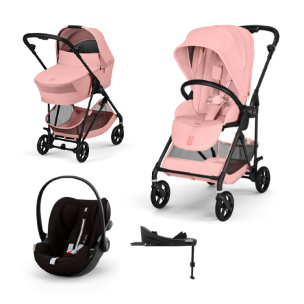 Carucior 4 in 1 Cybex Melio Carbon pentru copii, cu landou, scoica auto Cloud G si baza G, Candy Pink