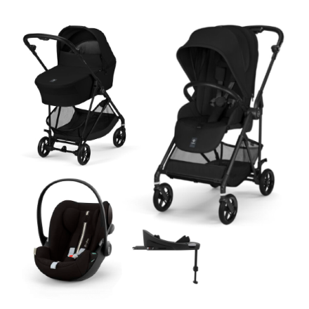 Carucior 4 in 1 Cybex Melio Carbon pentru copii, cu landou, scoica auto Cloud G si baza G, Magic Black