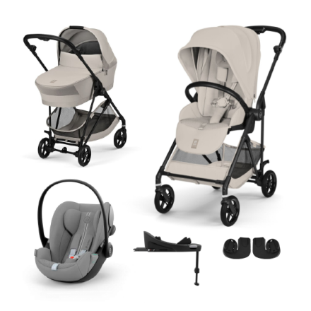Детска количка Cybex Melio Carbon 4 в 1, с кош за носене, столче за кола Cloud G и база G, цвят Dune Grey