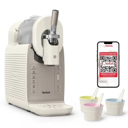 Aparat de Inghetata Tefal Freezi IG801AE0, 200W, 2L, 5 Programe Automate, Tehnologie Ultra Quiet, Crem