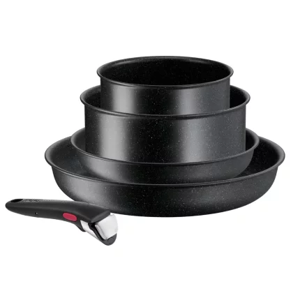 Tefal Ingenio Black Stone Комплект от 5 части: Тиган 22/28 см, Тенджери 16/20 см, Подвижна дръжка, Mineralia+, Индукция, черен
