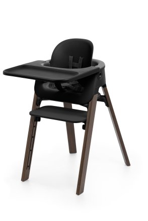 Καρεκλάκι φαγητού Stokke Steps με σετ μωρού, δίσκο και ζώνες, μοντέρνος και εργονομικός σχεδιασμός, μαύρο / ζεστό καφέ