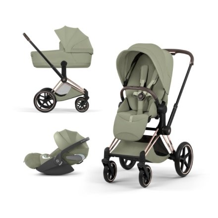 Carucior 3 in 1 pentru copii Cybex Priam Style, cu landou si scoica Cloud T Plus, Sage Green cu cadru Rosegold