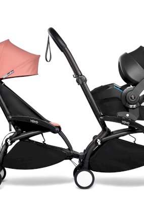 Carucior pentru gemeni BABYZEN YOYO² CONNECT, dublu, cu cadru negru, pachet de culoare si scoica auto Ginger